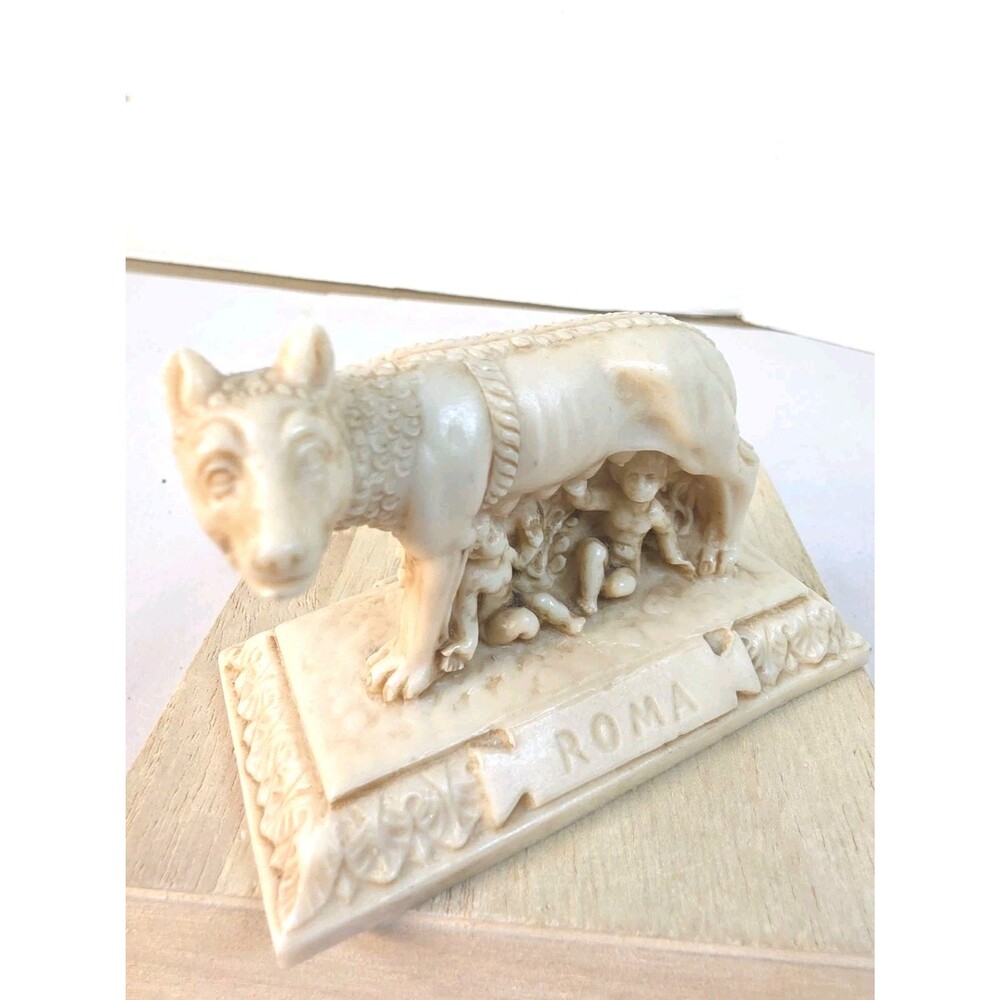 Vintage Roma Romulus and Remus with Wolf Early Figure, 3.5" X 1.5" Alabaster